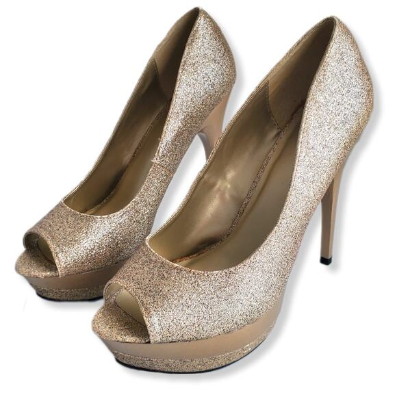 Women Glitter Platform Peeptoe Shoe 11 Gold Champagne NYE Cocktail Dance Club - Picture 1 of 15